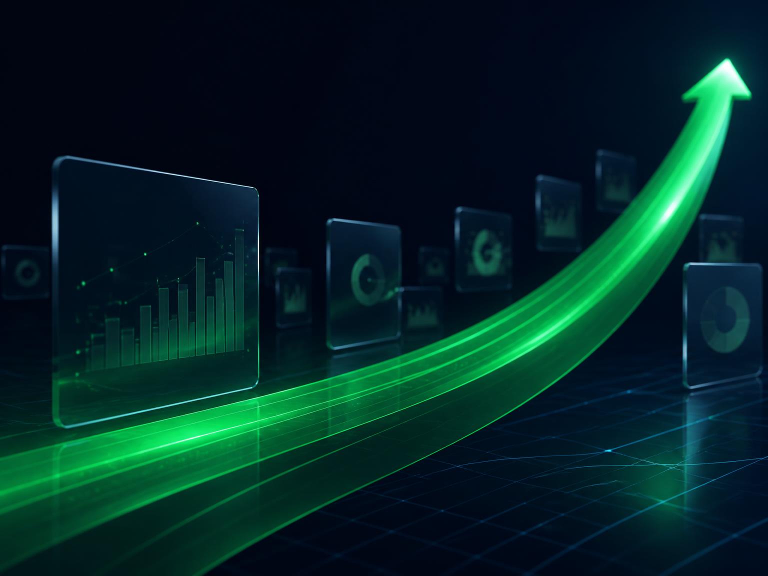 Abstract growth arc rising across analytics panels, representing measurable business growth